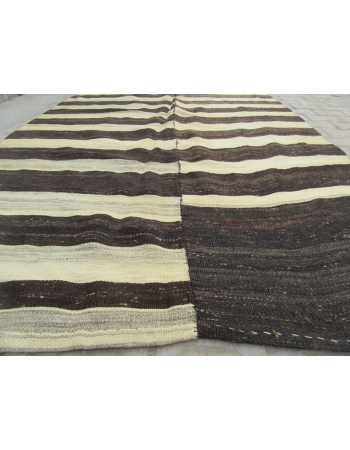 Black / Cream Striped Vİntage Turkish Kilim Rug