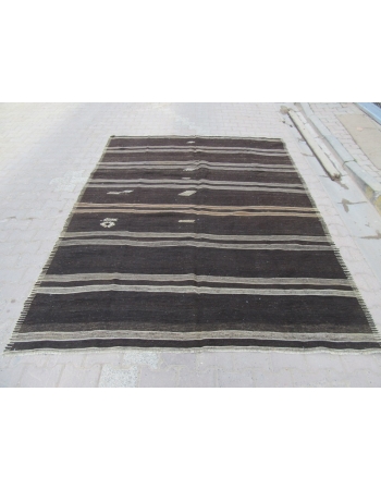 Gray / Black Striped Vintage Turkish Kilim Rug