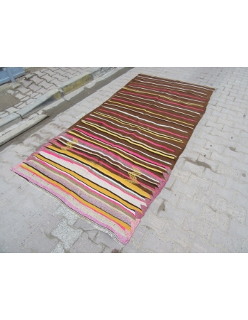 Pink / Yellow / Brown Striped Vintage Kilim Rug