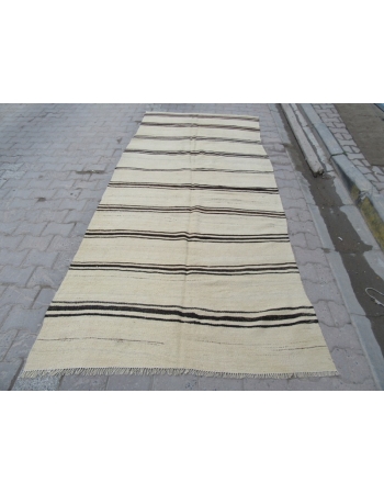 Vintage Natural Striped Turkish Wool Kilim Rug