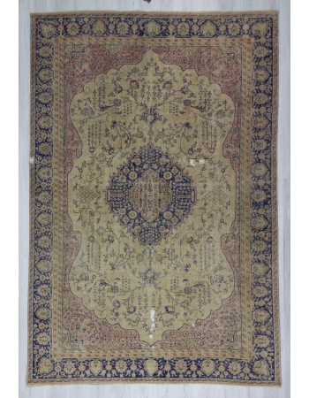 Navy&Beige distressed medallion designed vintage Turkish Oushak rug