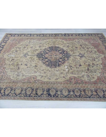 Navy&Beige distressed medallion designed vintage Turkish Oushak rug