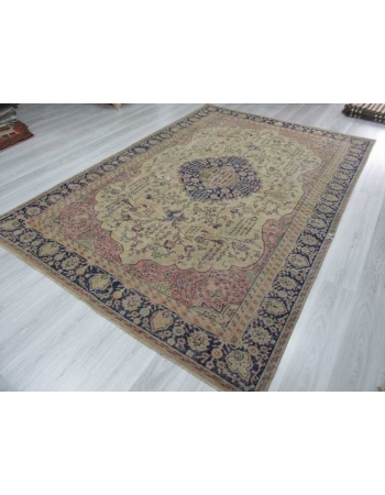 Navy&Beige distressed medallion designed vintage Turkish Oushak rug