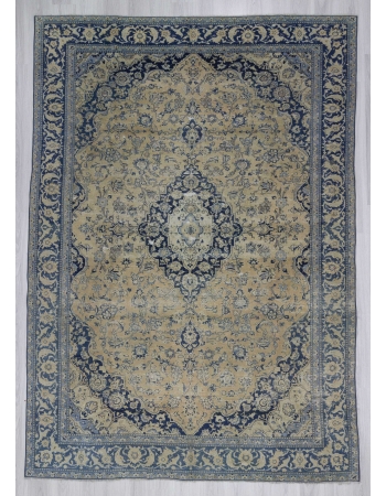 Navy blue beige vintage medallion designed Persian Tabriz rug