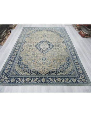 Navy blue beige vintage medallion designed Persian Tabriz rug