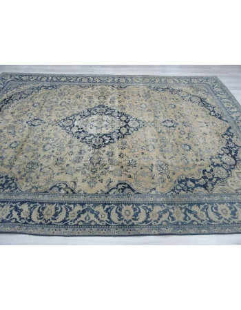 Navy blue beige vintage medallion designed Persian Tabriz rug