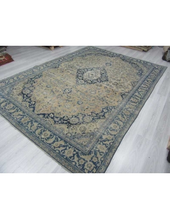 Navy blue beige vintage medallion designed Persian Tabriz rug