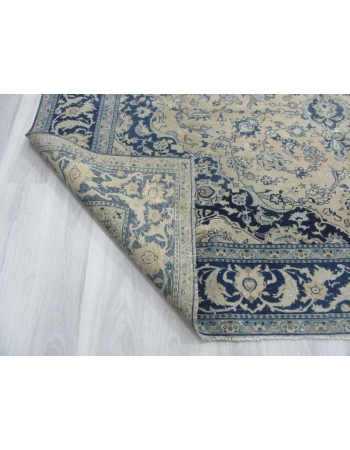 Navy blue beige vintage medallion designed Persian Tabriz rug