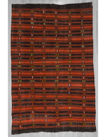 Handwoven vintage black and orange striped embroidered Turkish kilim rug