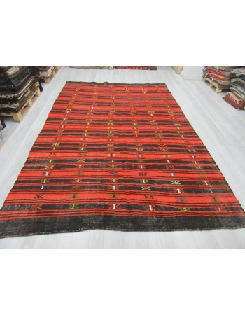 Handwoven vintage black and orange striped embroidered Turkish kilim rug