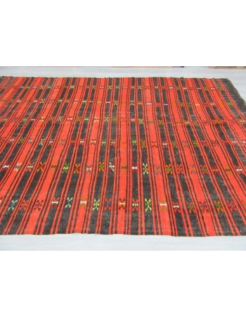 Handwoven vintage black and orange striped embroidered Turkish kilim rug