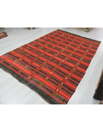 Handwoven vintage black and orange striped embroidered Turkish kilim rug