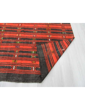 Handwoven vintage black and orange striped embroidered Turkish kilim rug