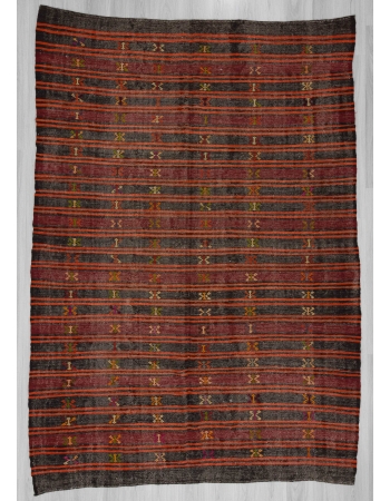 Black,Orange,Burgundy vintage striped embroidered Turkish kilim rug