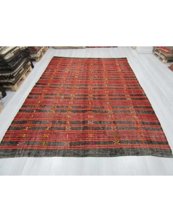 Black,Orange,Burgundy vintage striped embroidered Turkish kilim rug