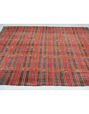 Black,Orange,Burgundy vintage striped embroidered Turkish kilim rug