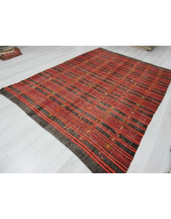 Black,Orange,Burgundy vintage striped embroidered Turkish kilim rug