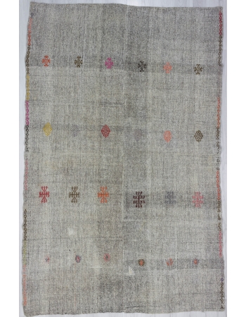 Vintage Embroidered Gray Kilim Rug