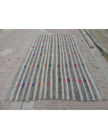 Embroidered Vintage Gray / White Striped Kilim Rug