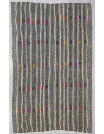 Embroidered Vintage Gray / White Striped Kilim Rug