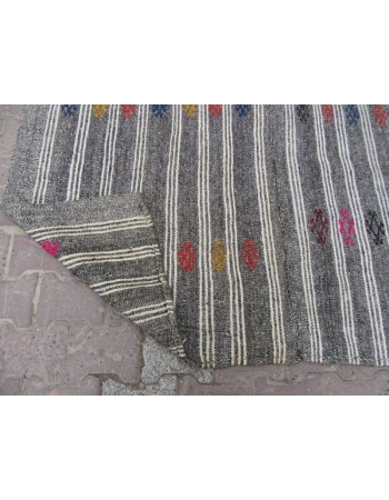 Embroidered Vintage Gray / White Striped Kilim Rug