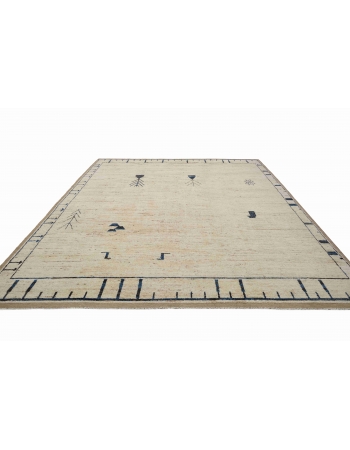 Neutral & Blue Modern Hand Knotted Rug - 9` 3″ x 12`