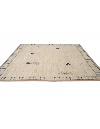 Neutral & Blue Modern Hand Knotted Rug - 9` 3″ x 12`