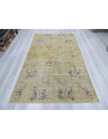 Distressed vintage yellow Turkish deco rug