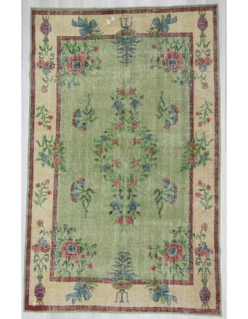 Vintage floral green Turkish deco rug