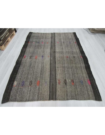 Embroidered Black & Gray vintage Turkish kilim rug