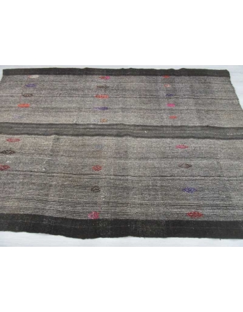 Embroidered Black & Gray vintage Turkish kilim rug