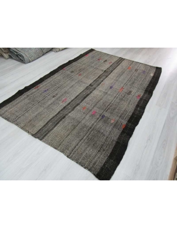 Embroidered Black & Gray vintage Turkish kilim rug