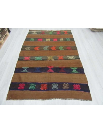 Embroidered vintage wool kilim rug