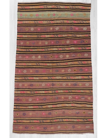 Striped & Embroidered vintage Turkish kilim rug