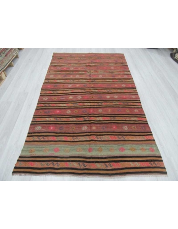 Striped & Embroidered vintage Turkish kilim rug
