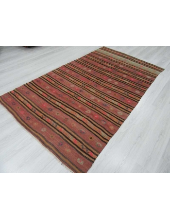 Striped & Embroidered vintage Turkish kilim rug