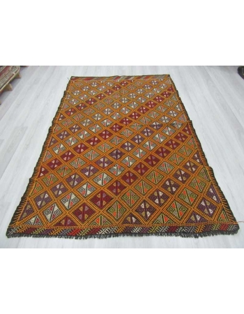 Embroidered vintage Turkish kilim rug