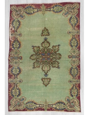 Vintage green distressed Turkish Oushak rug