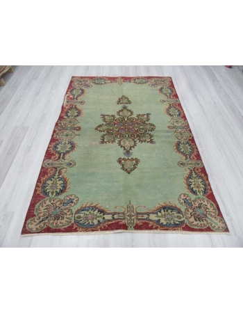 Vintage green distressed Turkish Oushak rug