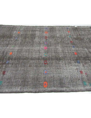 Vintage embroidered black Turkish goat hair kilim rug