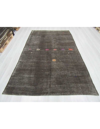 Black embroidered vintage Turkish goat hair kilim rug