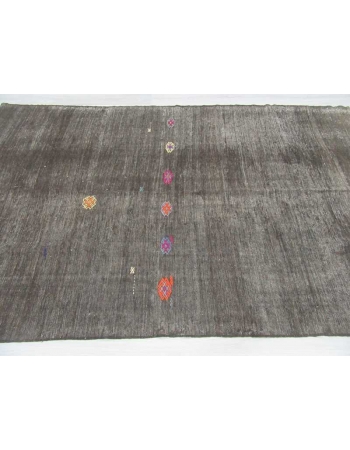 Black embroidered vintage Turkish goat hair kilim rug