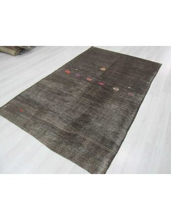 Black embroidered vintage Turkish goat hair kilim rug