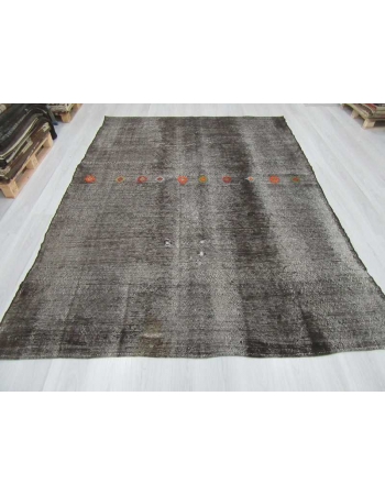 Embroidered vintage black goat hair Turkish kilim rug