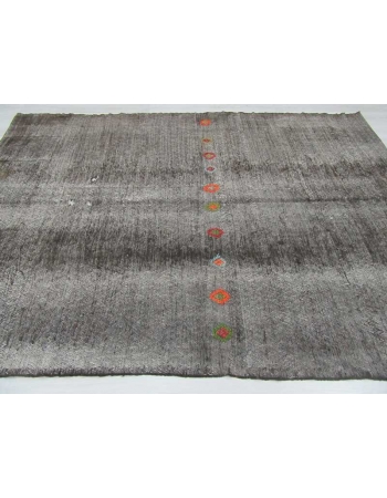 Embroidered vintage black goat hair Turkish kilim rug