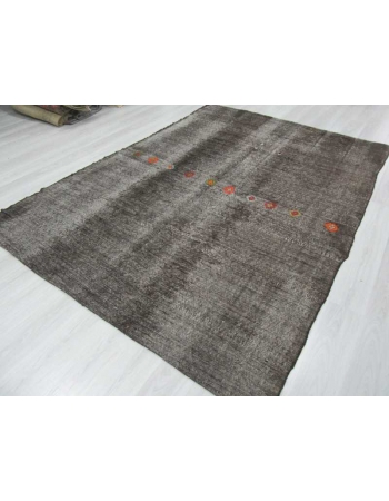 Embroidered vintage black goat hair Turkish kilim rug