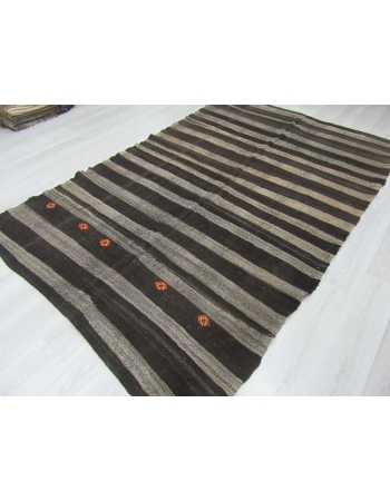 Vintage black gray striped Turkish kilim rug
