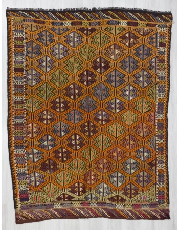 Embroidered vintage Turkish kilim rug