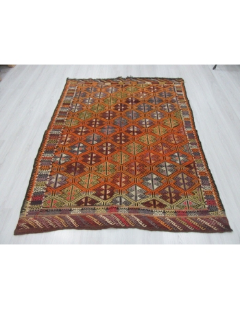 Embroidered vintage Turkish kilim rug