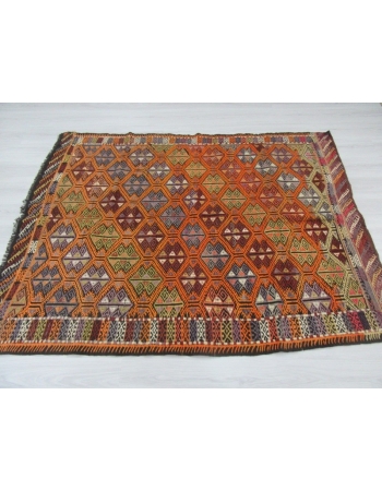 Embroidered vintage Turkish kilim rug